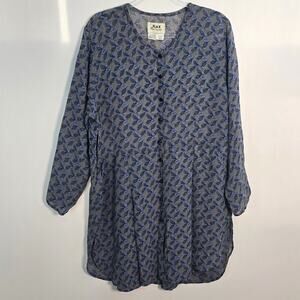 Flax by Jeanne Engelhart Rayon Crepe Button Front Tunic Blue Blackberry Print M
